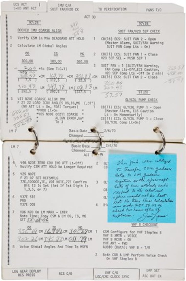 The checklist used by Apollo 13 commander James Lovell was sold to an anonymous collector.